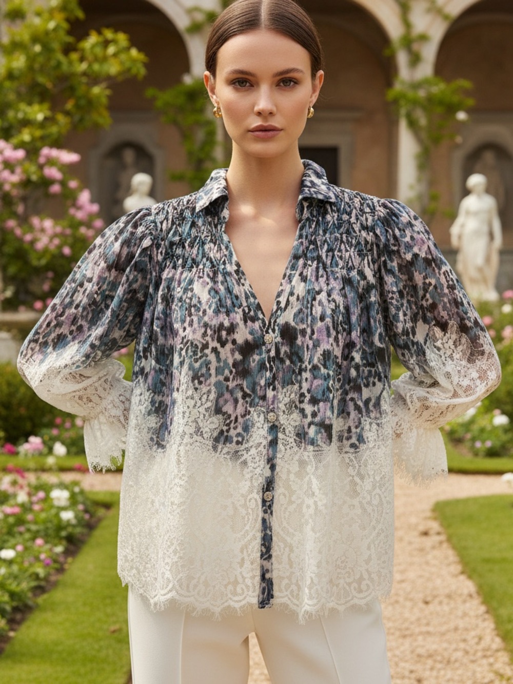 Anthropologie Ombre Floral Lace Button-Front Blouse — White, Blue, Purple